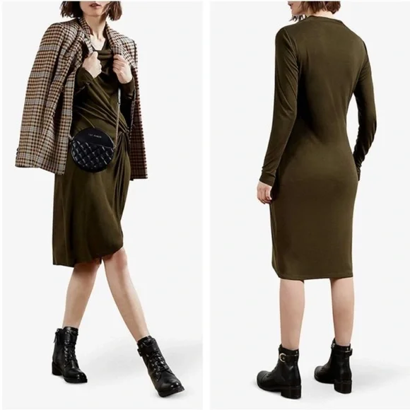 Ted BAKER Neyda Olive Long Sleeve Draped Jersey Knit Dress - Picture 2 of 16